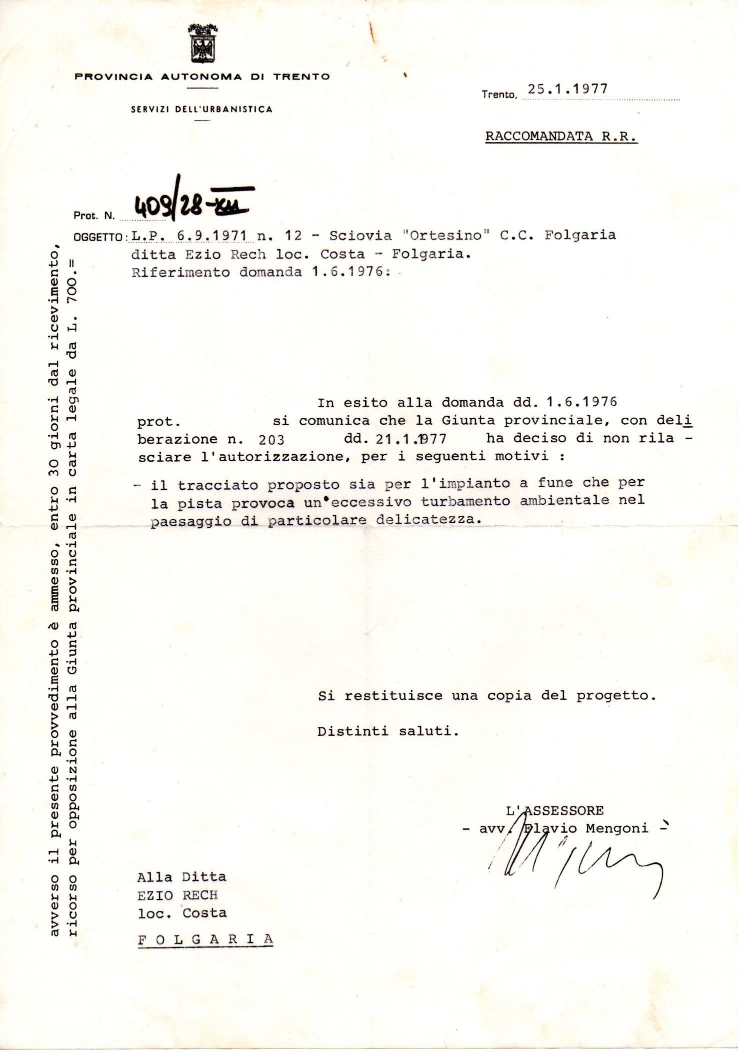 Registered letter PAT January 25, 1977