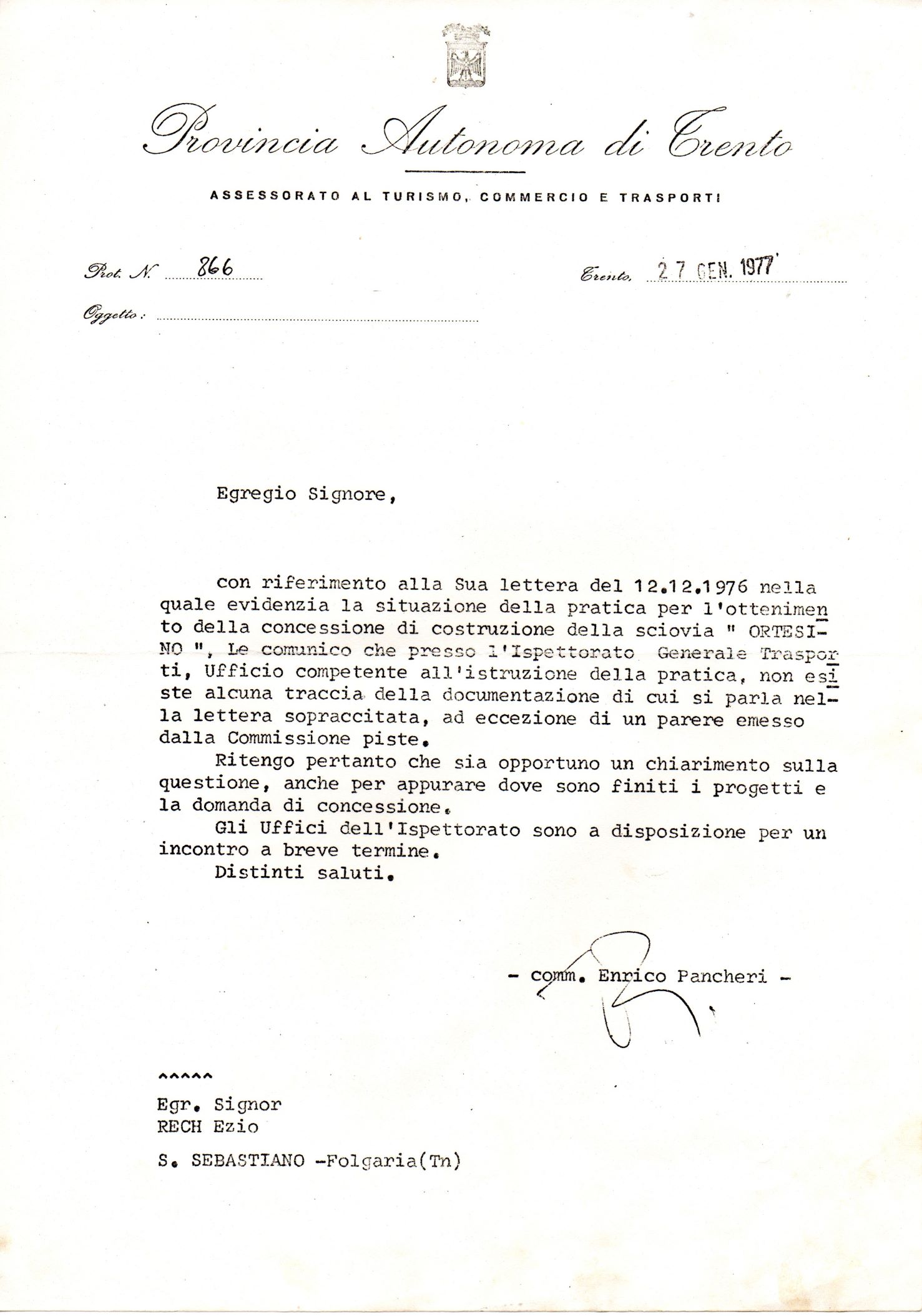 Registered letter PAT 27 January 1977